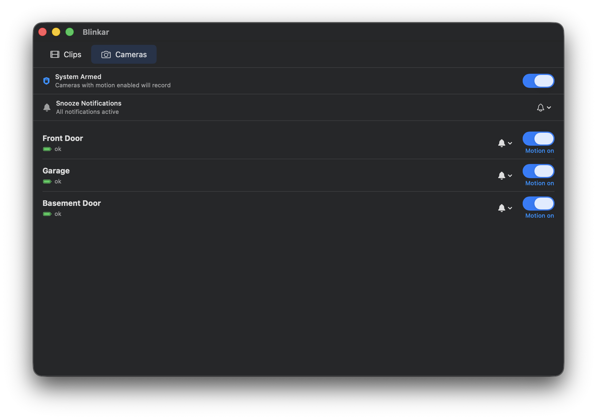Blinkar cameras tab showing system armed status and per-camera motion toggles