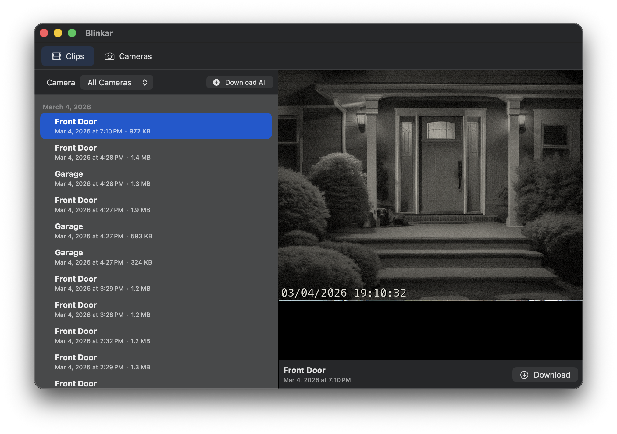 Blinkar clips browser showing motion events from security cameras