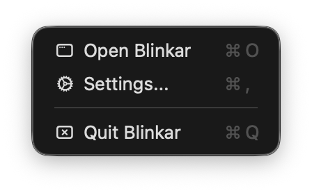 Blinkar menu bar dropdown with quick actions
