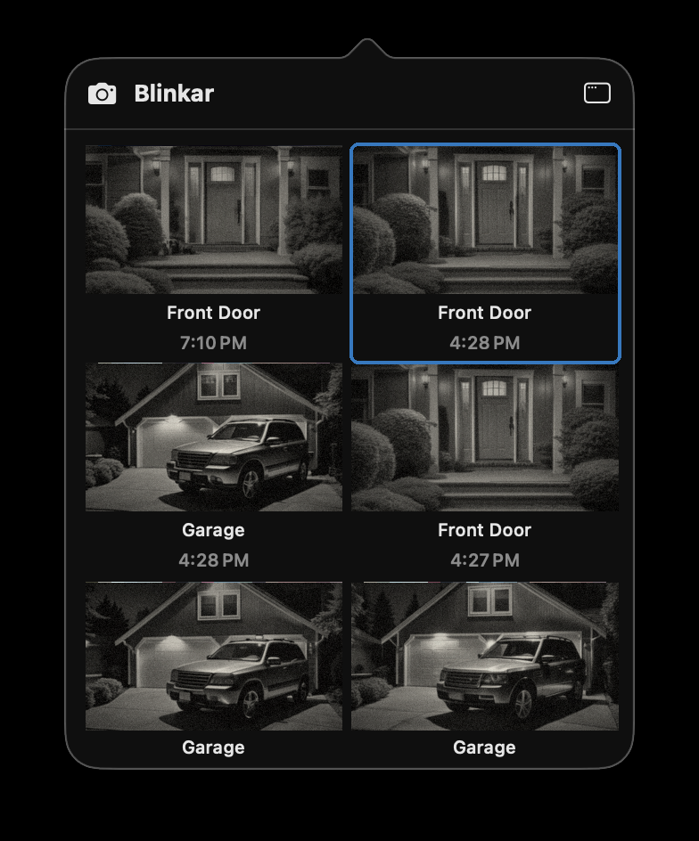 Blinkar menu bar widget showing a grid of recent motion capture thumbnails